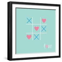 Tic Tac Toe Game with Cross and Heart Sign Mark Love Card Blue Pink Flat Design-worldofvector-Framed Art Print