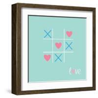 Tic Tac Toe Game with Cross and Heart Sign Mark Love Card Blue Pink Flat Design-worldofvector-Framed Art Print