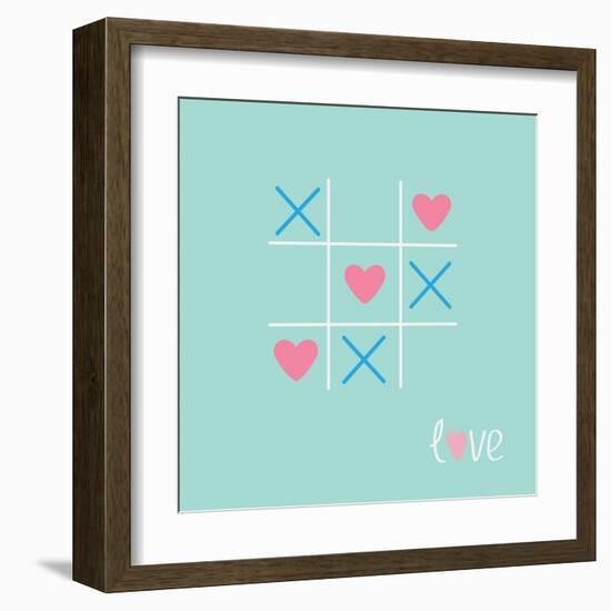 Tic Tac Toe Game with Cross and Heart Sign Mark Love Card Blue Pink Flat Design-worldofvector-Framed Art Print