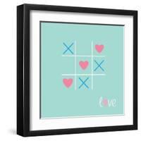 Tic Tac Toe Game with Cross and Heart Sign Mark Love Card Blue Pink Flat Design-worldofvector-Framed Art Print