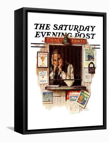 "Ticket Agent" Saturday Evening Post Cover, April 24,1937-Norman Rockwell-Framed Stretched Canvas