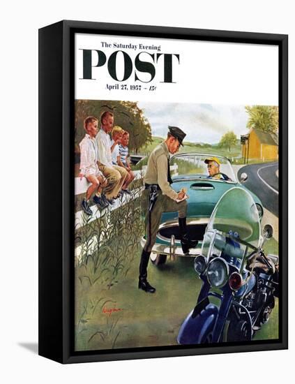 "Ticket for Roadster" Saturday Evening Post Cover, April 27, 1957-George Hughes-Framed Stretched Canvas