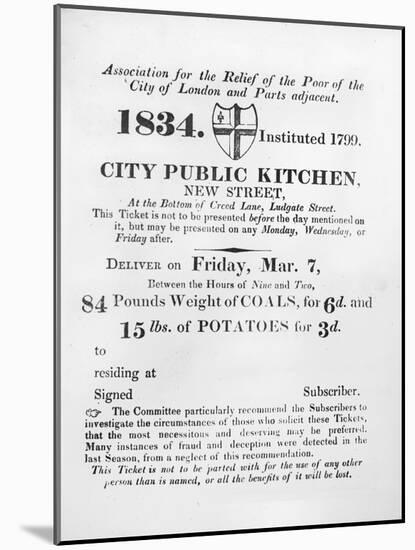 Ticket Issued to the Poor to Receive Coal and Potatoes from the City Public Kitchen-null-Mounted Giclee Print