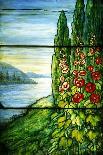 A Mountainous Lake Scene with Red Blossoming Hollyhocks and Arbor-Tiffany Studios-Giclee Print