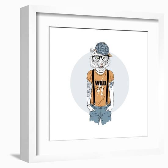 Tiger Hipster Dressed up in Cool T-Shirt-Olga_Angelloz-Framed Art Print