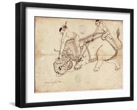 Tiger Hunt, Page from a Manuscript on Elephant Training, Early 20th Century-null-Framed Giclee Print