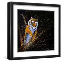 Tiger Leaping-null-Framed Art Print