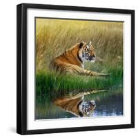 Tiger Relaxing on Grassy Bank with Reflection in Water-Svetlana Foote-Framed Photographic Print