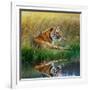 Tiger Relaxing on Grassy Bank with Reflection in Water-Svetlana Foote-Framed Photographic Print