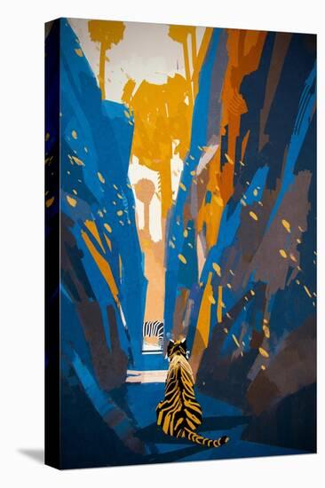 Tiger Stalking in Narrow Rock Wall,Illustration Digital Painting-Tithi Luadthong-Stretched Canvas