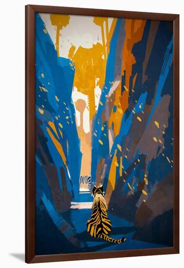 Tiger Stalking in Narrow Rock Wall,Illustration Digital Painting-Tithi Luadthong-Framed Art Print