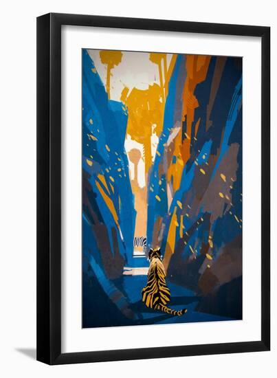 Tiger Stalking in Narrow Rock Wall,Illustration Digital Painting-Tithi Luadthong-Framed Art Print