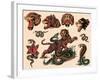 Tigers & Snakes Authentic Tattoo Flash by Norman Collins, aka, Sailor Jerry-null-Framed Art Print