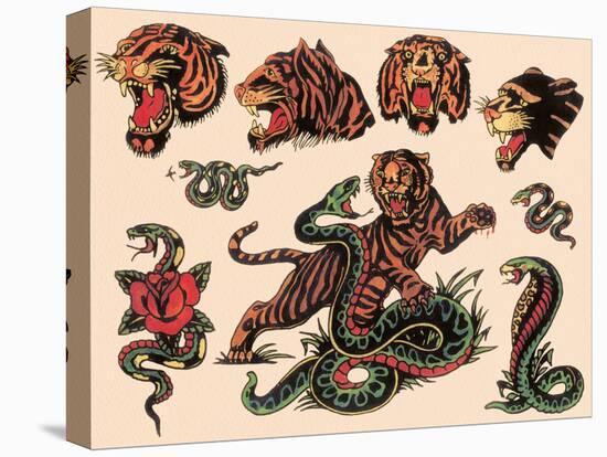 Tigers & Snakes Authentic Tattoo Flash by Norman Collins, aka, Sailor Jerry-null-Stretched Canvas