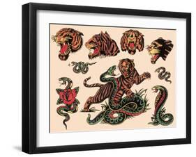 Tigers & Snakes Authentic Tattoo Flash by Norman Collins, aka, Sailor Jerry-null-Framed Art Print