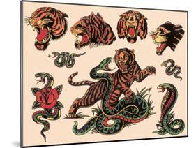Tigers & Snakes Authentic Tattoo Flash by Norman Collins, aka, Sailor Jerry-null-Mounted Art Print