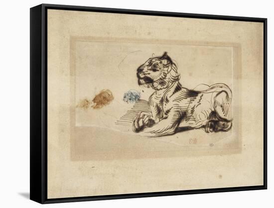 Tigre couché, de profil à droite-Eugene Delacroix-Framed Stretched Canvas