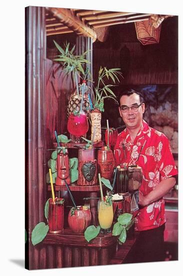 Tiki Man with Exotic Drinks, Retro-null-Stretched Canvas