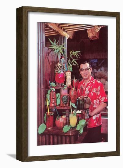 Tiki Man with Exotic Drinks, Retro-null-Framed Art Print