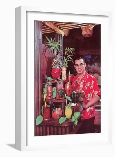 Tiki Man with Exotic Drinks, Retro-null-Framed Art Print