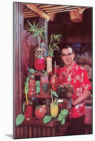 Tiki Man with Exotic Drinks, Retro-null-Mounted Art Print