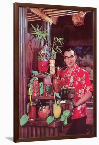 Tiki Man with Exotic Drinks, Retro-null-Framed Art Print