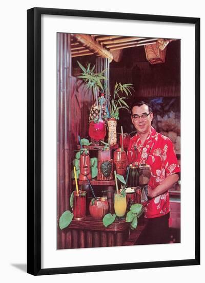 Tiki Man with Exotic Drinks, Retro-null-Framed Art Print