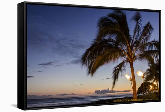 Tiki Torches at Sunset on Poipu Beach, Kauai, Hawaii, United States of America, Pacific-Michael DeFreitas-Framed Stretched Canvas