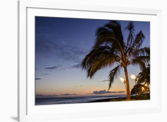 Tiki Torches at Sunset on Poipu Beach, Kauai, Hawaii, United States of America, Pacific-Michael DeFreitas-Framed Photographic Print