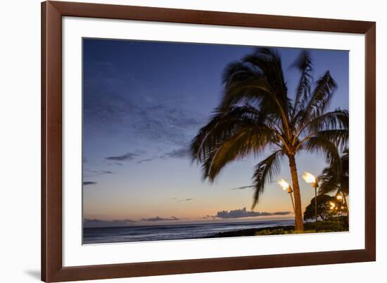 Tiki Torches at Sunset on Poipu Beach, Kauai, Hawaii, United States of America, Pacific-Michael DeFreitas-Framed Photographic Print