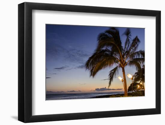 Tiki Torches at Sunset on Poipu Beach, Kauai, Hawaii, United States of America, Pacific-Michael DeFreitas-Framed Photographic Print