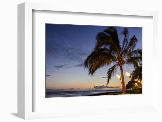 Tiki Torches at Sunset on Poipu Beach, Kauai, Hawaii, United States of America, Pacific-Michael DeFreitas-Framed Photographic Print