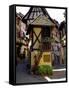 Timbered Houses on Cobbled Street, Eguisheim, Haut Rhin, Alsace, France, Europe-Richardson Peter-Framed Stretched Canvas