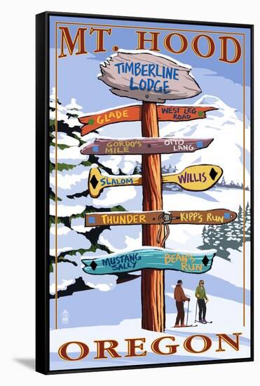 Timberline Lodge - Mt. Hood, Oregon - Winter Ski Runs Sign-Lantern Press-Framed Stretched Canvas