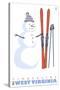 Timberline, West Virginia, Snowman with Skis-Lantern Press-Stretched Canvas