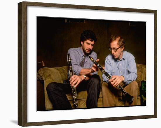 Time Magazine Sr. Editor Thomas Sancton Sitting with Woody Allen, Comparing Instruments-Ted Thai-Framed Premium Photographic Print