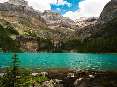 Low-Angle View of Beautiful, Remote Lake O'Hara, with Seven Veils Falls, Yoho National Park