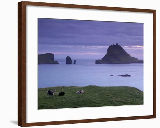 Tindholmur Island Rising to 262 M, and Drangarnir Natural Arch at Sunset, with Sheep, from Vagar-Patrick Dieudonne-Framed Photographic Print