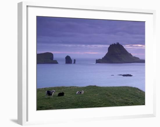 Tindholmur Island Rising to 262 M, and Drangarnir Natural Arch at Sunset, with Sheep, from Vagar-Patrick Dieudonne-Framed Photographic Print