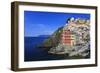 Tiny harbour and medieval houses in steep ravine, Riomaggiore, UNESCO World Heritage Site, Italy-Eleanor Scriven-Framed Photographic Print