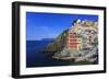 Tiny harbour and medieval houses in steep ravine, Riomaggiore, UNESCO World Heritage Site, Italy-Eleanor Scriven-Framed Photographic Print