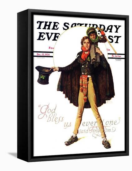 "Tiny Tim" or "God Bless Us Everyone" Saturday Evening Post Cover, December 15,1934-Norman Rockwell-Framed Stretched Canvas