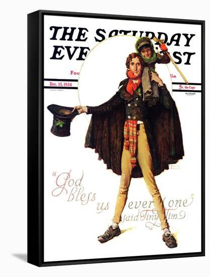 "Tiny Tim" or "God Bless Us Everyone" Saturday Evening Post Cover, December 15,1934-Norman Rockwell-Framed Stretched Canvas