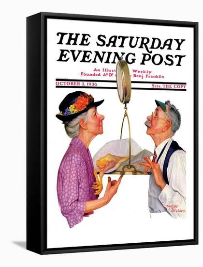 "Tipping the Scales," Saturday Evening Post Cover, October 3,1936-Leslie Thrasher-Framed Stretched Canvas