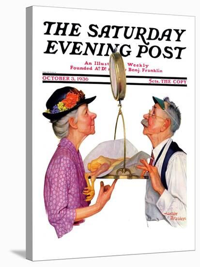 "Tipping the Scales," Saturday Evening Post Cover, October 3,1936-Leslie Thrasher-Stretched Canvas