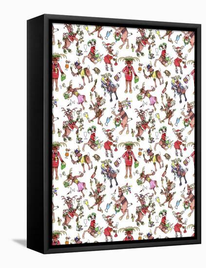 Tipsy Reindeer Party Repeat-Cyndi Lou-Framed Stretched Canvas