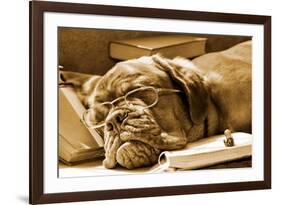 Tired Dog Sleeping At Her Lessons In Sepia Tone-vitalytitov-Framed Photographic Print