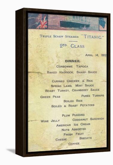 Titanic - 2nd Class Dinner Menu, 1912-null-Framed Stretched Canvas