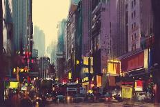 City Traffic and Colorful Light in Hong Kong,Illustration Painting-Tithi Luadthong-Art Print