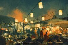 Crowd of People Walking in the Market at Night,Digital Painting-Tithi Luadthong-Art Print
